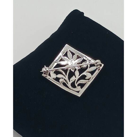 Sterling & Marcasite Flower Diamond Shaped Brooch Pin Filigree Silver - Picture 4 of 7